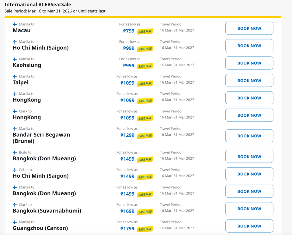 Check out these deals for international flights from Cebu Pacific Air.